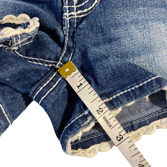 Amethyst Button Fly Embroidered Crochet‎ Pocket Distressed Denim Shorts Women 0 - Picture 12 of 15